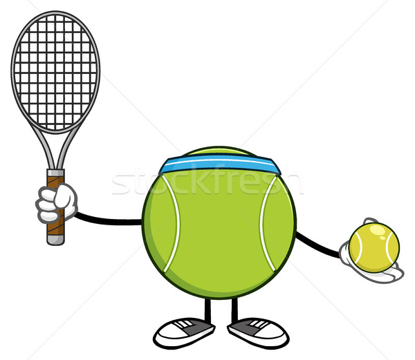 Tennis Ball Faceless Player Cartoon Mascot Character Holding A Tennis Ball And Racket Stock photo © hittoon