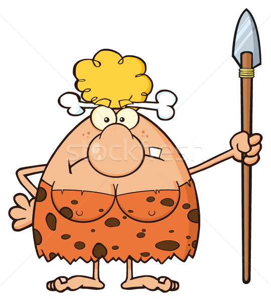 Angry Blonde Cave Woman Cartoon Mascot Character Standing With A Spear Stock photo © hittoon