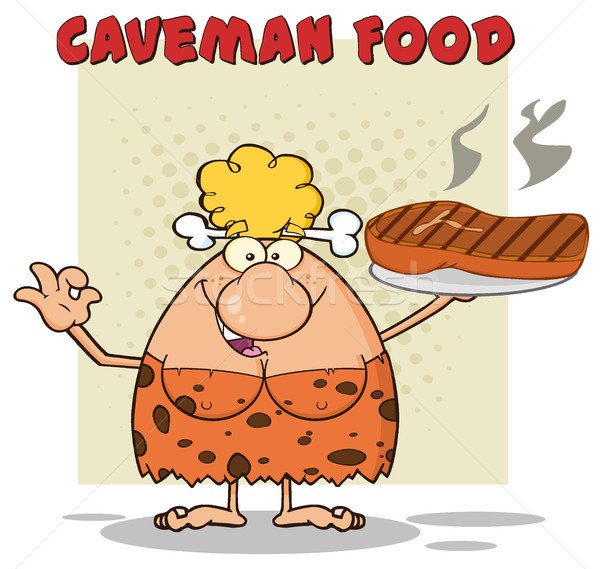 Cave Blonde Woman Cartoon Mascot Character Holding A Big Steak And Gesturing Ok Stock photo © hittoon