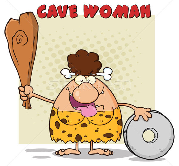 Happy Brunette Cave Woman Cartoon Mascot Character Holding A Club And Showing Wheel Stock photo © hittoon