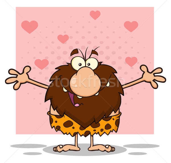 Smiling Male Caveman Cartoon Mascot Character With Open Arms Stock photo © hittoon