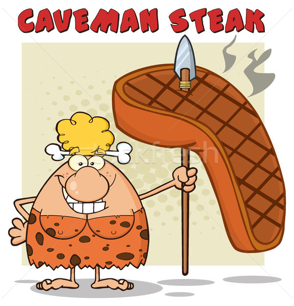 Smiling Blonde Cave Woman Cartoon Mascot Character Holding A Spear With Big Grilled Steak Stock photo © hittoon