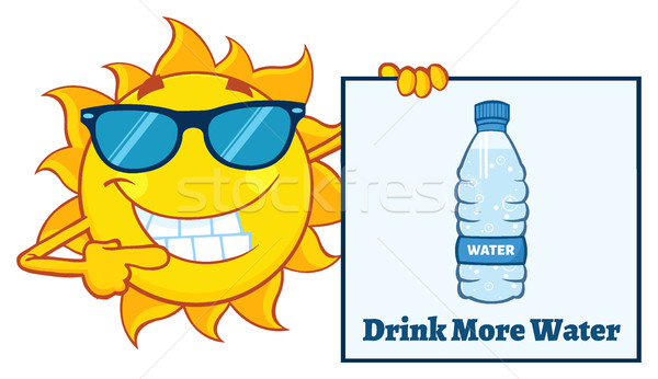Talking Sun Cartoon Mascot Character With Sunglasses Pointing To A Sign With Text Drink More Water Stock photo © hittoon