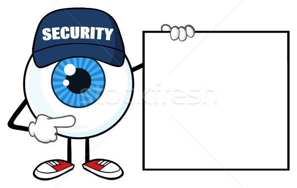 Foto stock: Azul · globo · del · ojo · mascota · de · la · historieta · carácter · guardia · de · seguridad · senalando