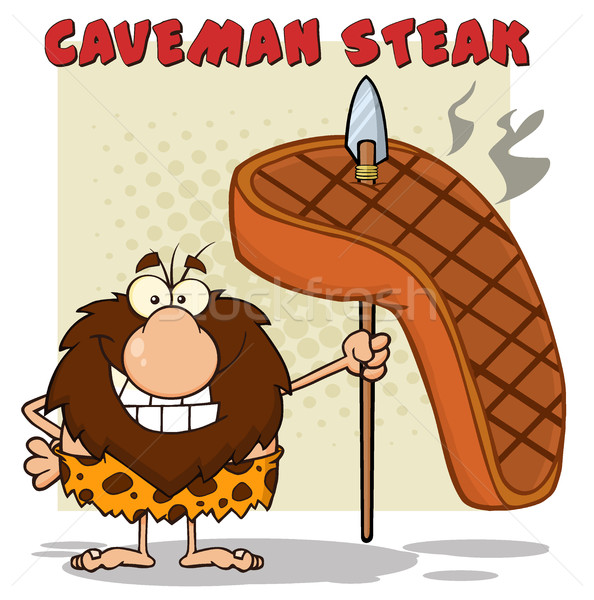Smiling Male Caveman Cartoon Mascot Character Holding A Spear With Big Grilled Steak Stock photo © hittoon
