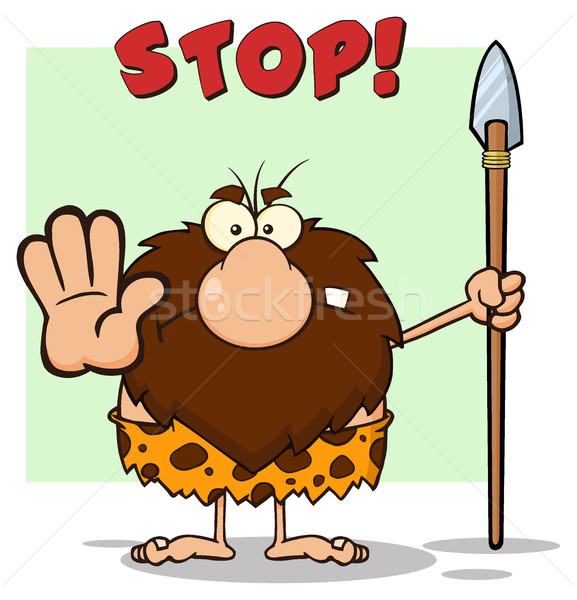 Angry Male Caveman Warrior Cartoon Mascot Character Gesturing And Standing With A Spear Stock photo © hittoon