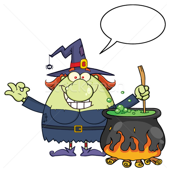 Ugly Halloween Witch Cartoon Mascot Character Preparing A Potion In A Cauldron With Blank Speech Bub Stock photo © hittoon