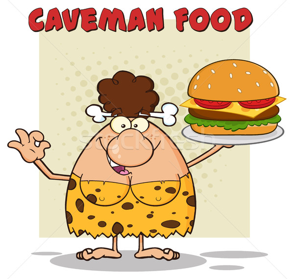 Stock photo: Funny Brunette Cave Woman Cartoon Mascot Character Holding A Big Burger And Gesturing Ok