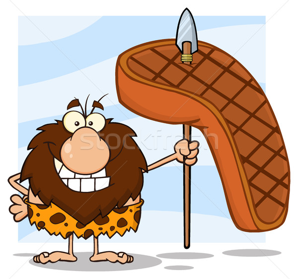 Smiling Male Caveman Hunter Cartoon Mascot Character Holding A Spear With Big Grilled Steak Stock photo © hittoon