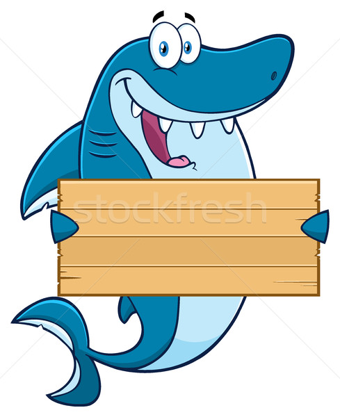 Happy Blue Shark Cartoon Mascot Character Holding A Wooden Blank Sign Stock photo © hittoon