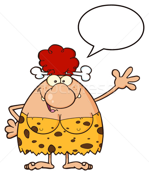 Happy Red Hair Cave Woman Cartoon Mascot Character Talking And Waving For Greeting Stock photo © hittoon
