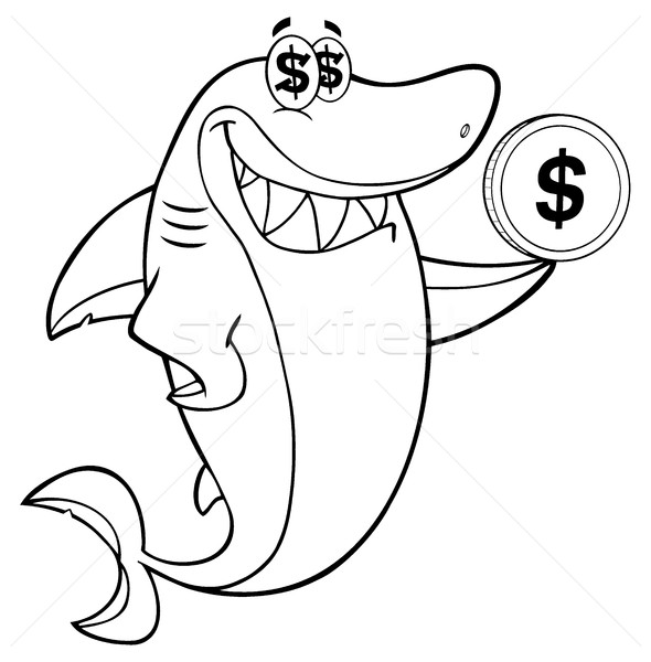 Black And White Greedy Shark Cartoon Mascot Character Holding A Dollar Coin Stock photo © hittoon