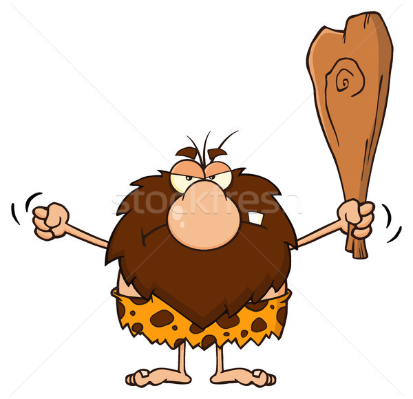 Grumpy Male Caveman Cartoon Mascot Character Holding Up A Fist And A Club Stock photo © hittoon