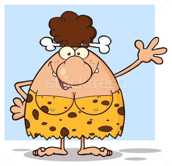 Happy Brunette Cave Woman Cartoon Mascot Character Waving For Greeting Stock photo © hittoon