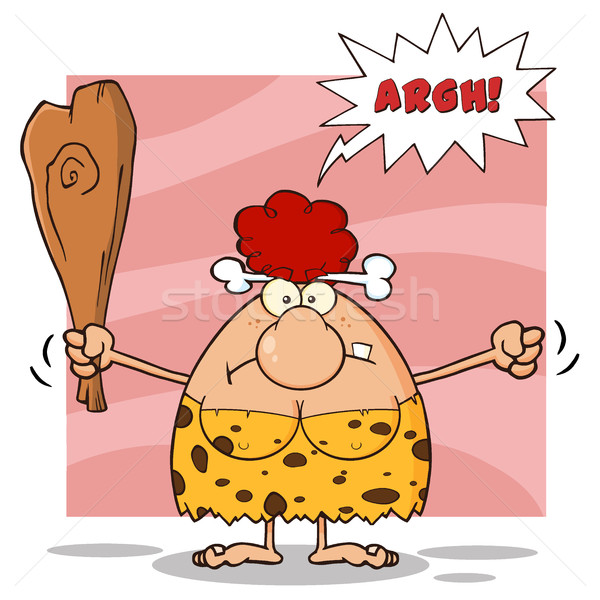 Angry Red Hair Cave Woman Cartoon Mascot Character Holding Up A Fist And A Club Stock photo © hittoon