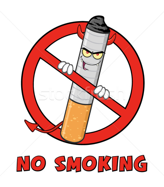 Stock photo: Devil Cigarette Cartoon Mascot Character In A Prohibited Symbol With Text No Smoking