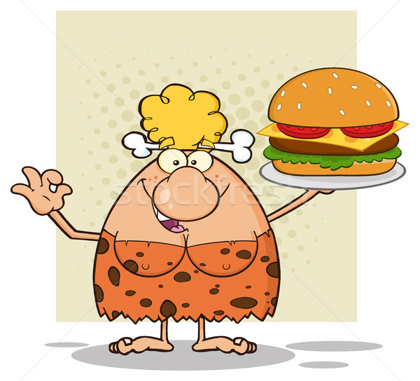 Smiling Blonde Cave Woman Cartoon Mascot Character Holding A Big Burger Stock photo © hittoon