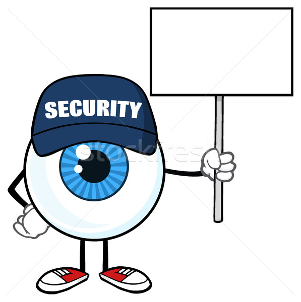 Blue Eyeball Cartoon Mascot Character Security Guard Holding Up A Blank Sign Stock photo © hittoon
