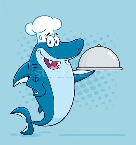 Chef Blue Shark Cartoon Mascot Character Holding A Platter Stock photo © hittoon