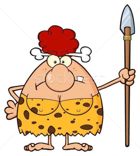 Angry Red Hair Cave Woman Cartoon Mascot Character Standing With A Spear Stock photo © hittoon