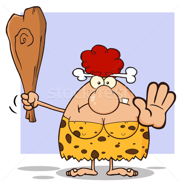 Grumpy Red Hair Cave Woman Cartoon Mascot Character Gesturing And Standing With A Club Stock photo © hittoon