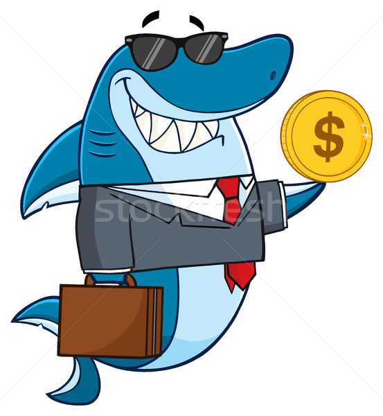 Smiling Business Shark Cartoon Mascot Character In Suit, Carrying A Briefcase And Holding A Golden D Stock photo © hittoon