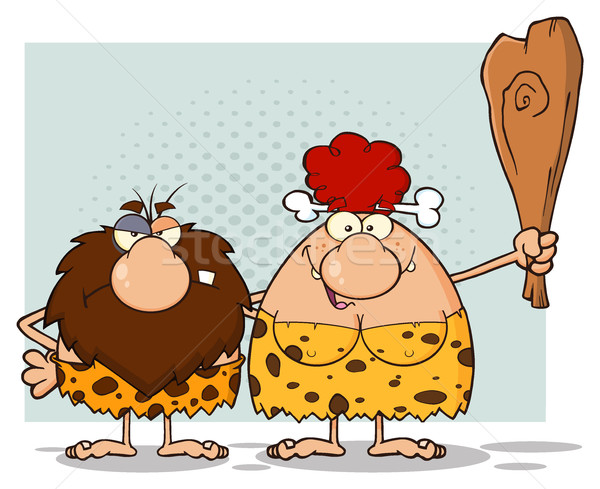 Caveman Couple Cartoon Mascot Characters With Red Hair Woman Holding A Club Stock photo © hittoon