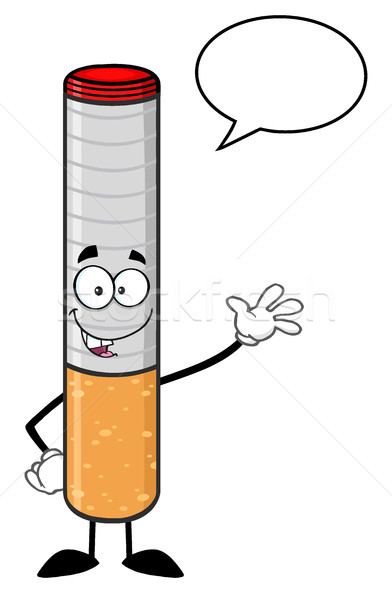 Smiling Electronic Cigarette Cartoon Mascot Character Waving For Greeting With Speech Bubble Stock photo © hittoon