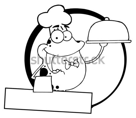 Black And White Chef Male Caveman Cartoon Mascot Character Holding Up A Platter With Big Grilled Ste Stock photo © hittoon