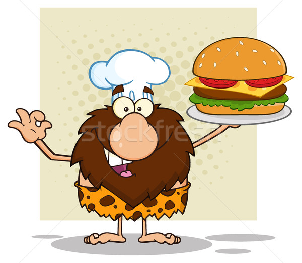 Chef Male Caveman Cartoon Mascot Character Holding A Big Burger And Gesturing Ok Stock photo © hittoon