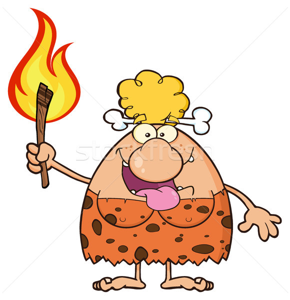 Smiling Cave Woman Cartoon Mascot Character Holding Up A Fiery Torch Stock photo © hittoon