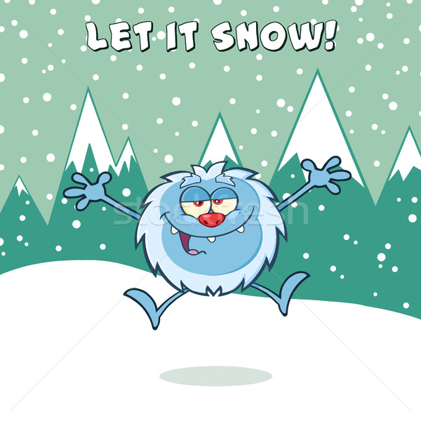 Stock photo: Happy Little Yeti Cartoon Mascot Character Jumping Up With Open Arms