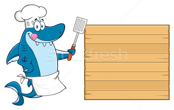 Chef Blue Shark Cartoon Mascot Character Licking His Lips And Holding A Spatula To Wooden Blank Boar Stock photo © hittoon
