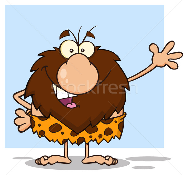 Boldog férfi ősember rajzfilm kabala karakter integet Stock fotó © hittoon