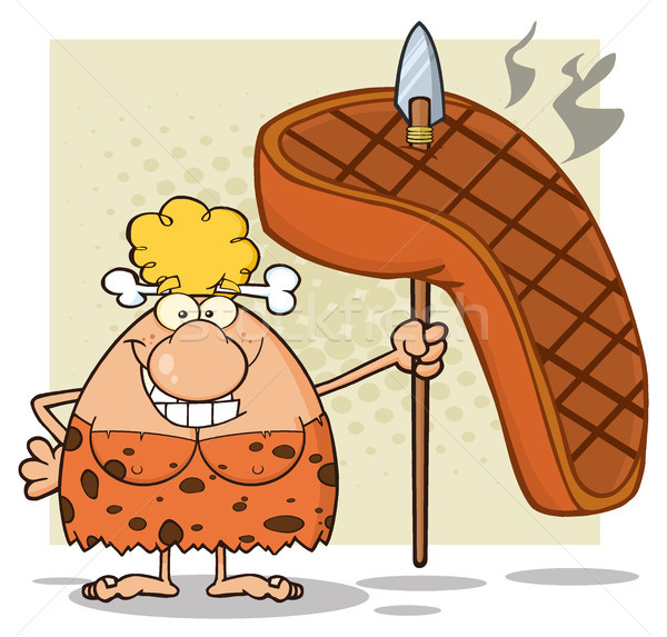 Happy Blonde Cave Woman Cartoon Mascot Character Holding A Spear With Big Grilled Steak Stock photo © hittoon
