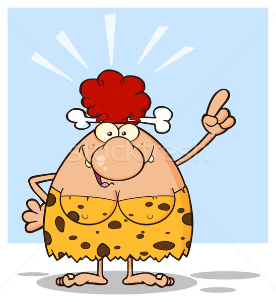 Goofy Red Hair Cave Woman Cartoon Mascot Character With Good Idea Stock photo © hittoon