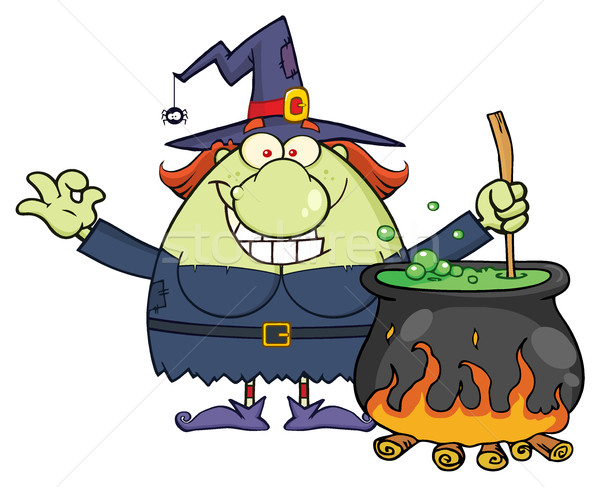 Ugly Halloween Witch Cartoon Mascot Character Preparing A Potion In A Cauldron Stock photo © hittoon