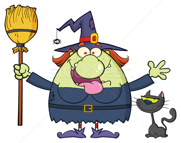 Happy Witch Cartoon Mascot Character Holding A Broom With Black Cat Stock photo © hittoon
