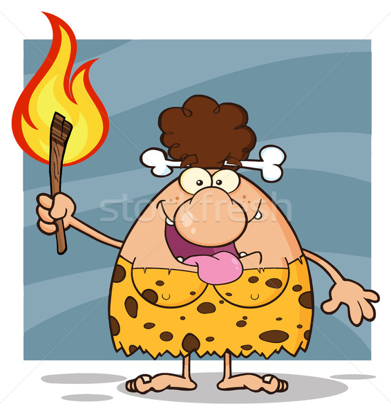 Crazy Brunette Cave Woman Cartoon Mascot Character Holding Up A Fiery Torch Stock photo © hittoon