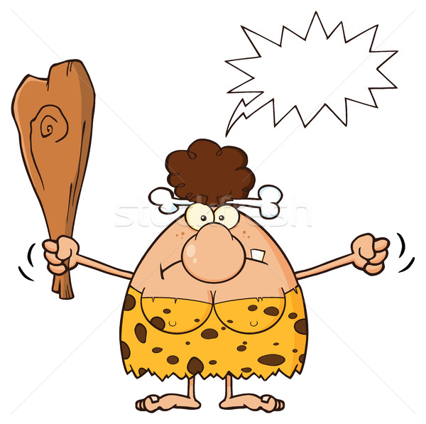 Stock photo: Mad Brunette Cave Woman Cartoon Mascot Character Holding Up A Fist And A Club