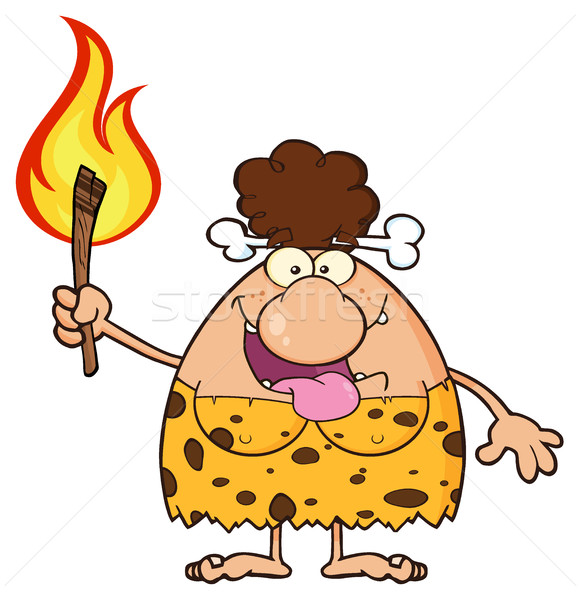 Smiling Brunette Cave Woman Cartoon Mascot Character Holding Up A Fiery Torch Stock photo © hittoon