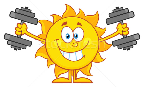 Souriant soleil mascotte dessinée personnage haltères Photo stock © hittoon