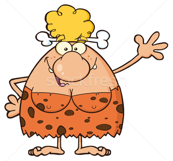 Happy Blonde Cave Woman Cartoon Mascot Character Waving  For Greeting Stock photo © hittoon