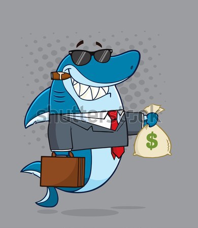 Smiling Shark Gangster Cartoon Mascot Character Carrying A Briefcase Holding A Big Gun And Smoking A Stock photo © hittoon