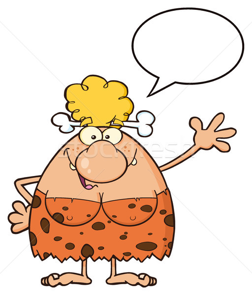 Happy Blonde Cave Woman Cartoon Mascot Character Talking And Waving  For Greeting Stock photo © hittoon