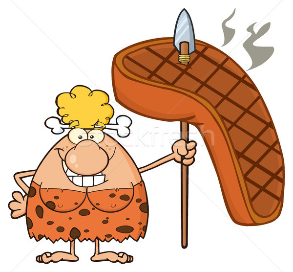 Smiling Blonde Cave Woman Cartoon Mascot Character Holding A Spear With Big Grilled Steak Stock photo © hittoon