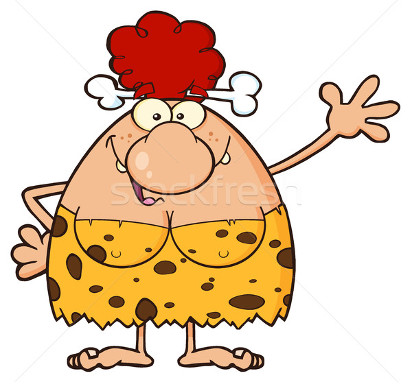 Red Hair Cave Woman Cartoon Mascot Character Waving For Greeting Stock photo © hittoon