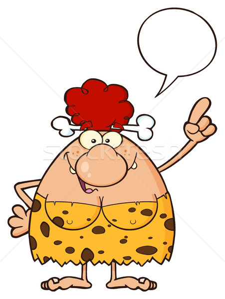 Stock photo: Happy Red Hair Cave Woman Cartoon Mascot Character Pointing With Speech Bubble