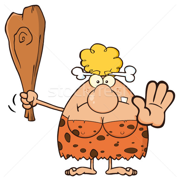 Angry Blonde Cave Woman Cartoon Mascot Character Gesturing And Standing With A Club Stock photo © hittoon