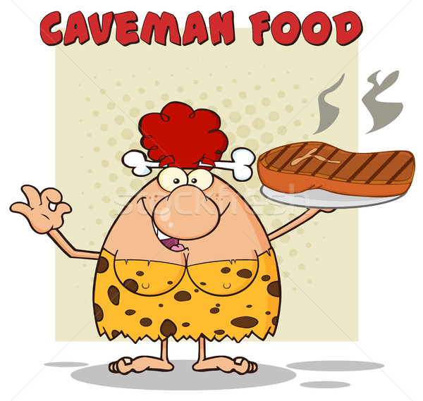 Cave Red Hair Woman Cartoon Mascot Character Holding A Big Steak And Gesturing Ok Stock photo © hittoon